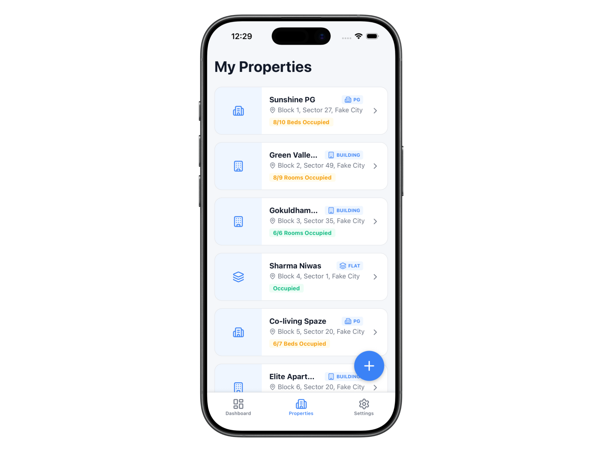 RentVelo properties list with rooms and occupancy