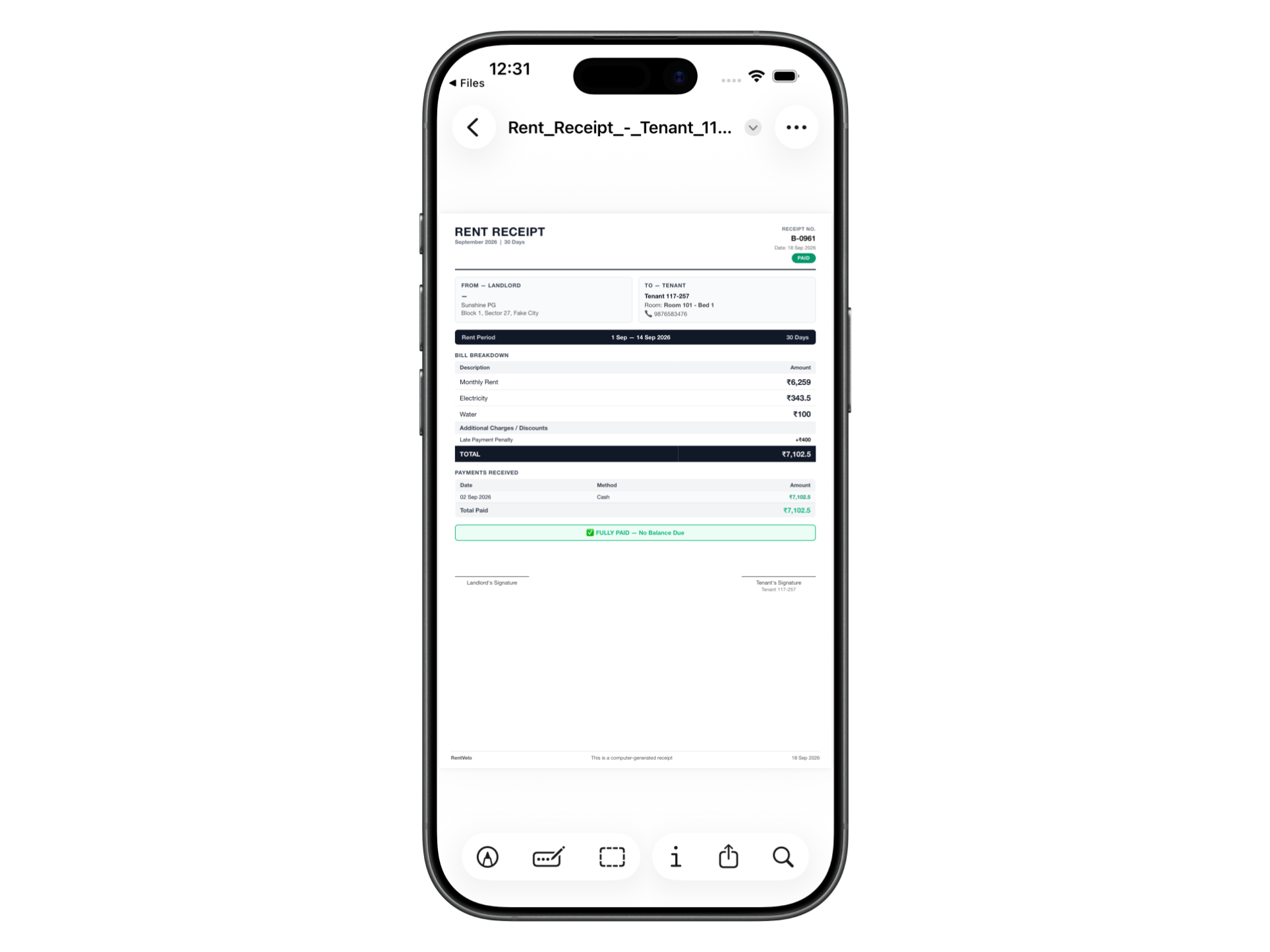 RentVelo PDF rent receipt on a phone