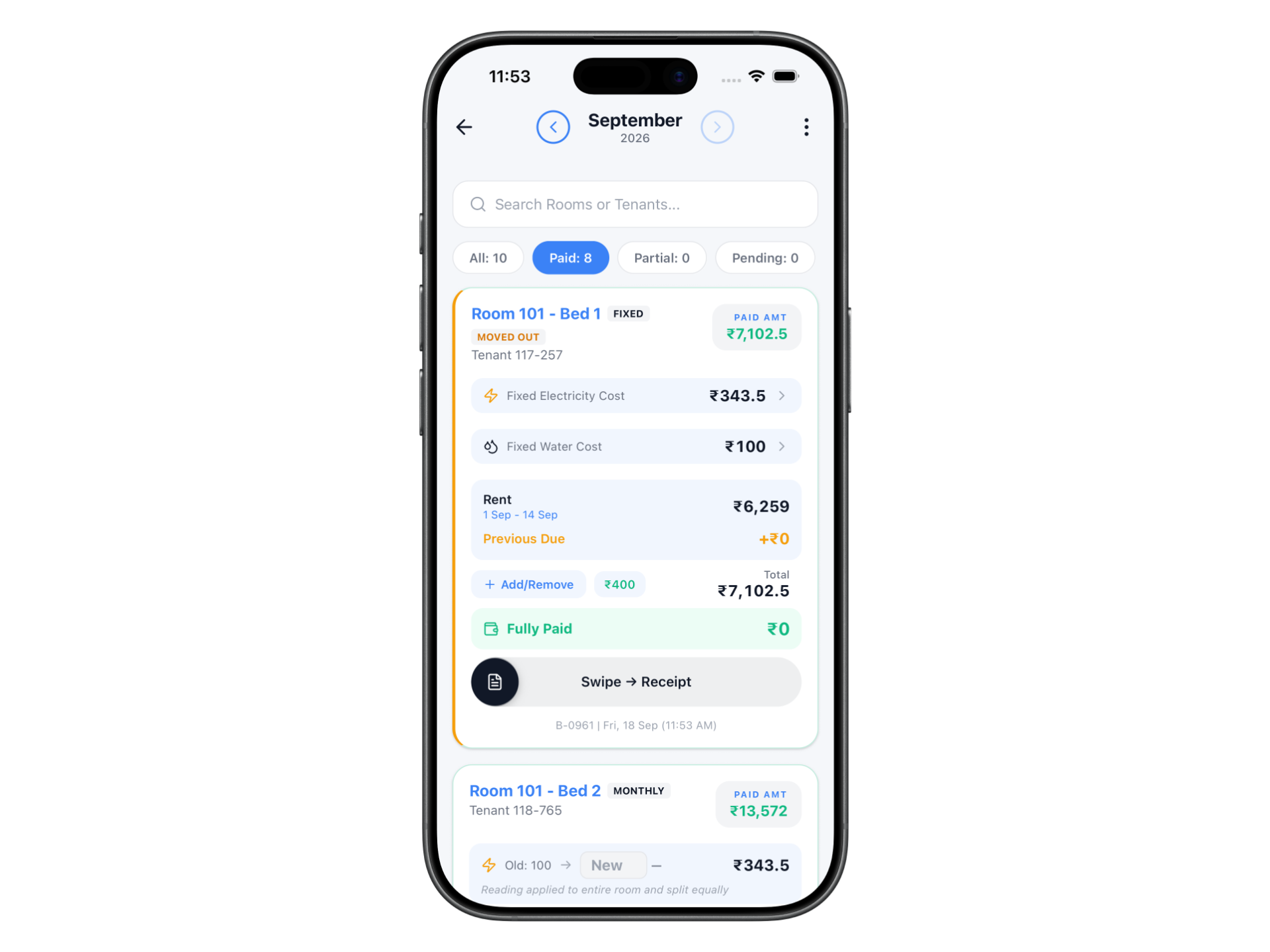 RentVelo monthly rent list with paid and pending status