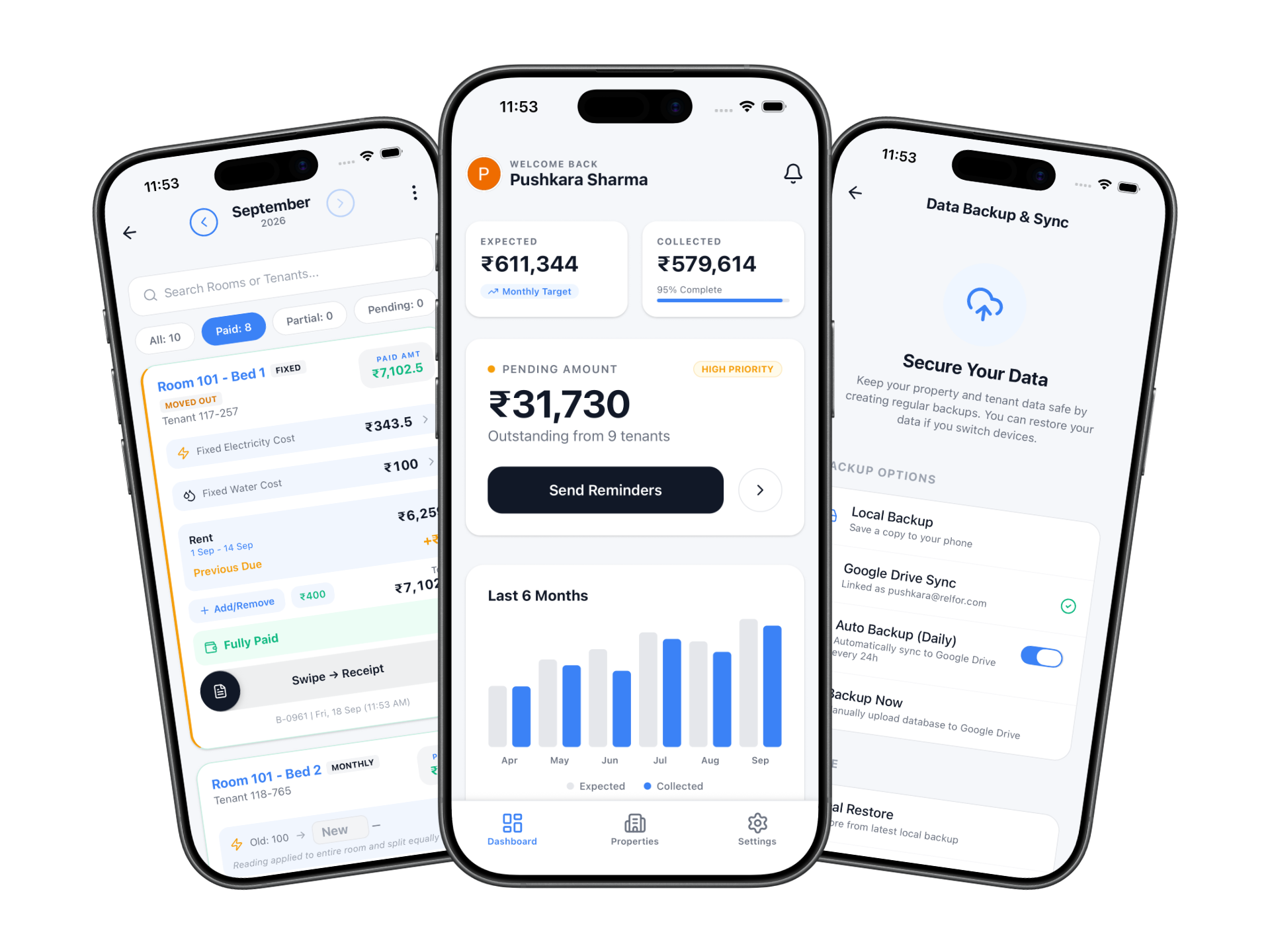 RentVelo on iPhone — dashboard, rent collection, and backup